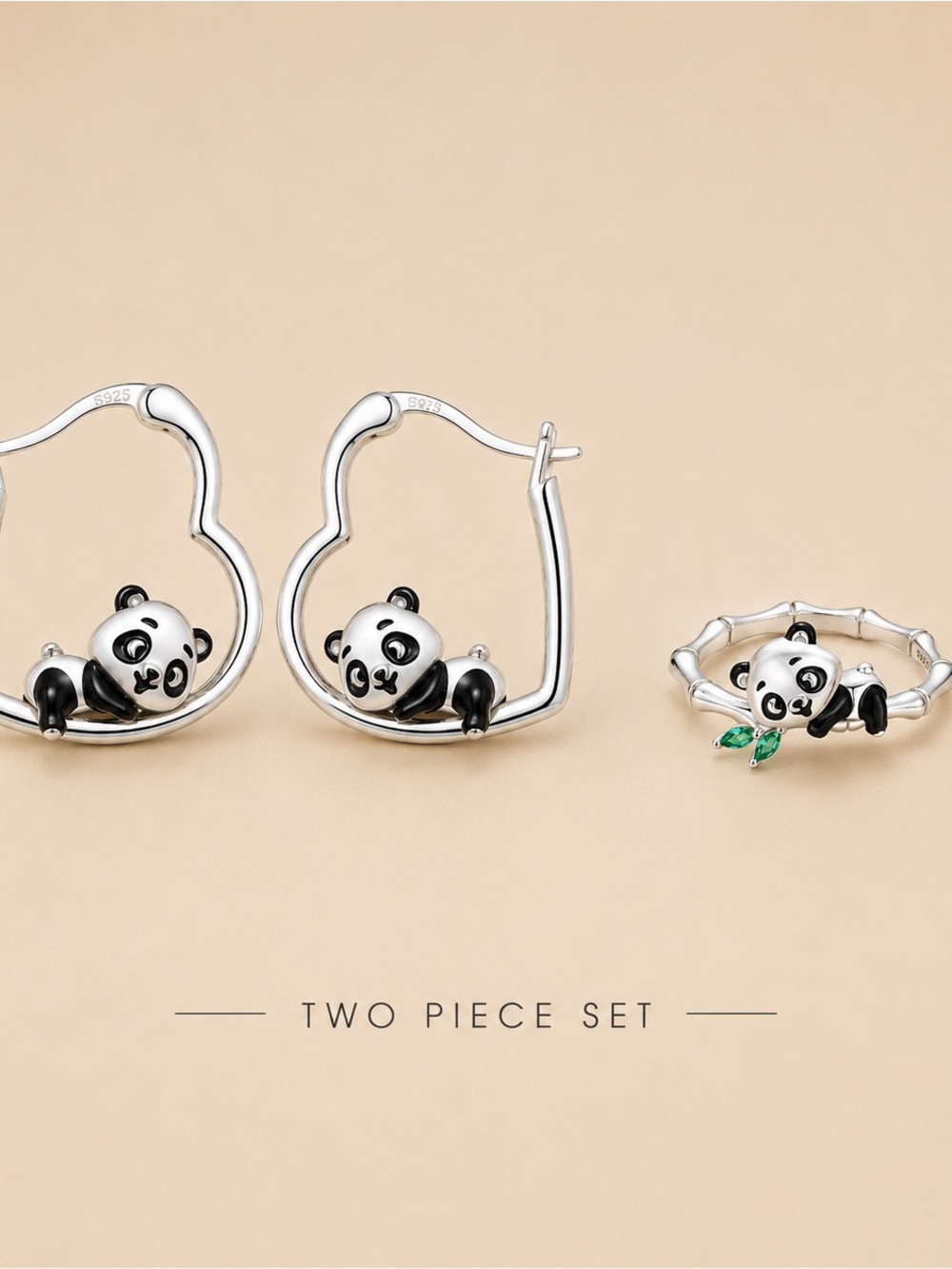 Sterling Silver Panda Hoop Earrings and Ring Set - Silver & Black